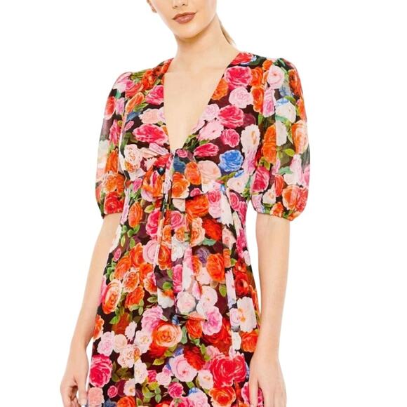 Mac Duggal NEW Size 6 Multicolor Floral Print Front Tie Midi Dress 55626 - Picture 2 of 8